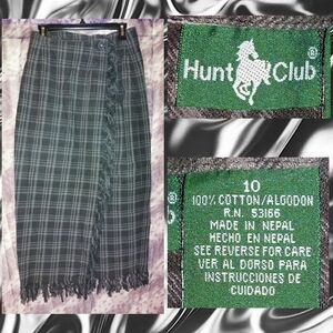 Hunt Club Gray/Black Plaid Soft Woven Flannel Wrap Skirt w/Fringe Sz 10 Vintage